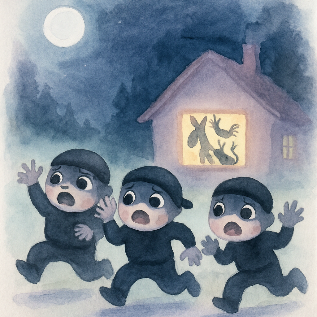 도둑들이 겁에 질려 집에서 도망치는 장면